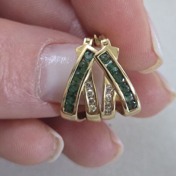 Estate 14K Yellow Gold Emerald Huggie Earrings - Picture 5 of 12